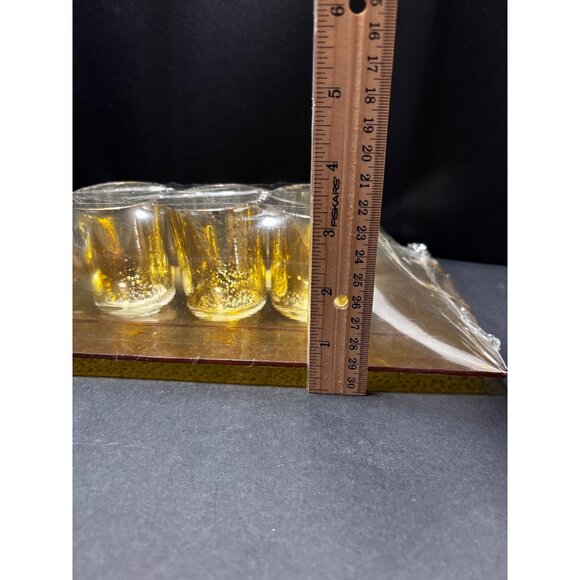 3 Piece Gold Color Glass Tealight Candle Holder Set On Rectangular Tray Stones - Picture 5 of 7